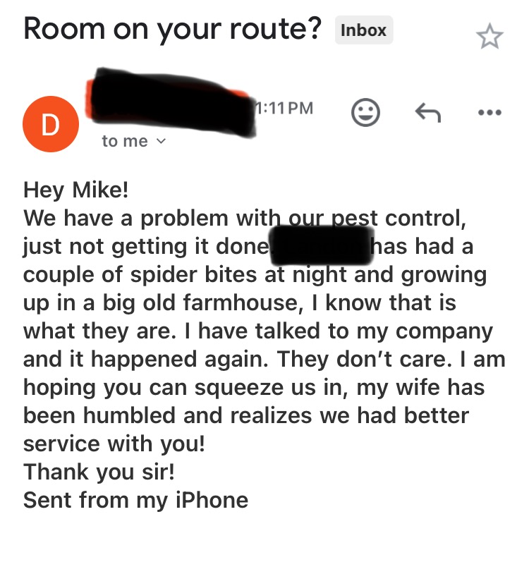 Customer email testimonial praising Family Pest Control service